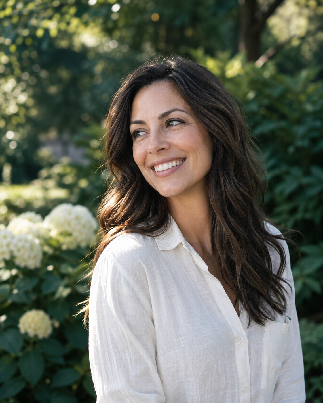 Illustrative portrait of a woman smiling outdoors in soft sunlight.